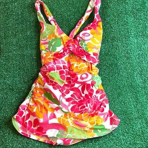 L.L. Bean Faux Wrap Floral One Piece Padded Swimsuit White Pink